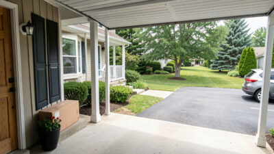 Porch and driveway seen from a garage eave camera with a delivered parcel on the doorstep