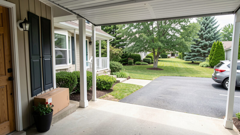 Porch and driveway seen from a garage eave camera with a delivered parcel on the doorstep