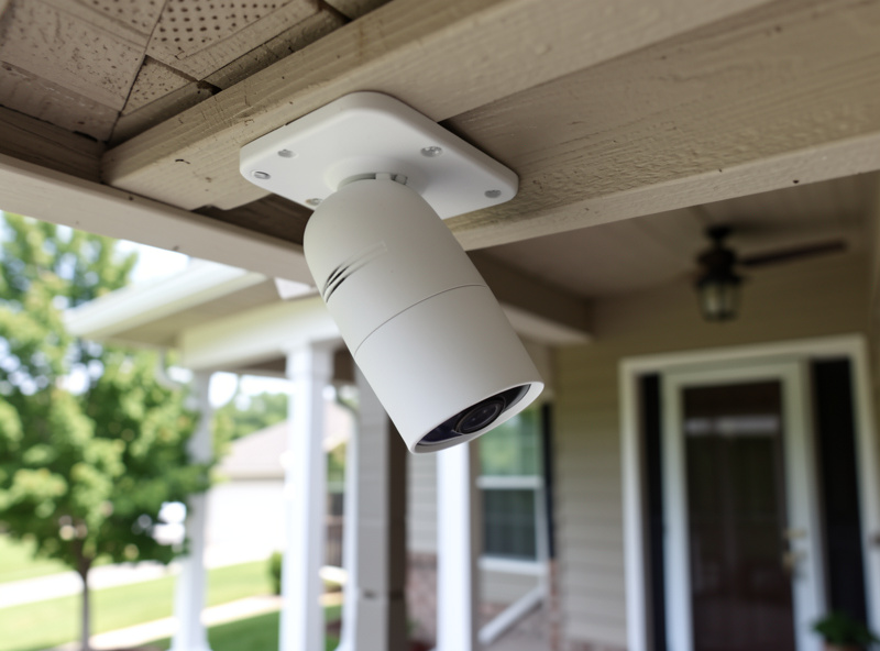 PoE security camera mounted under a garage eave pointed at a porch and driveway