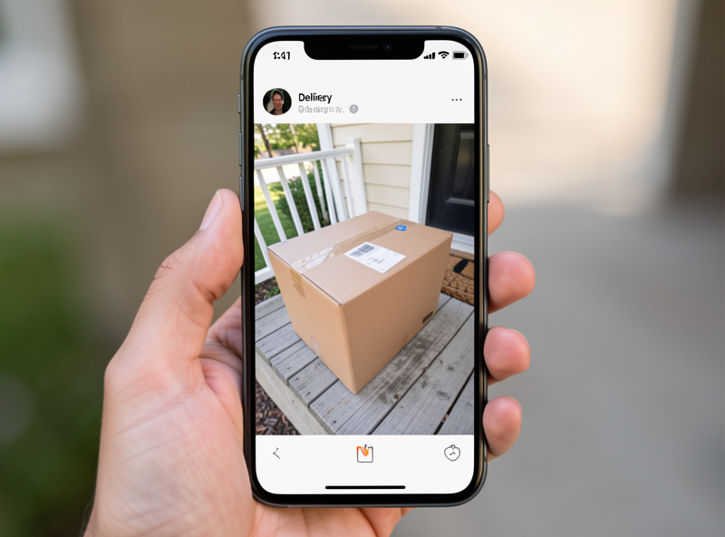 Phone notification showing a detected package on a porch with a camera snapshot