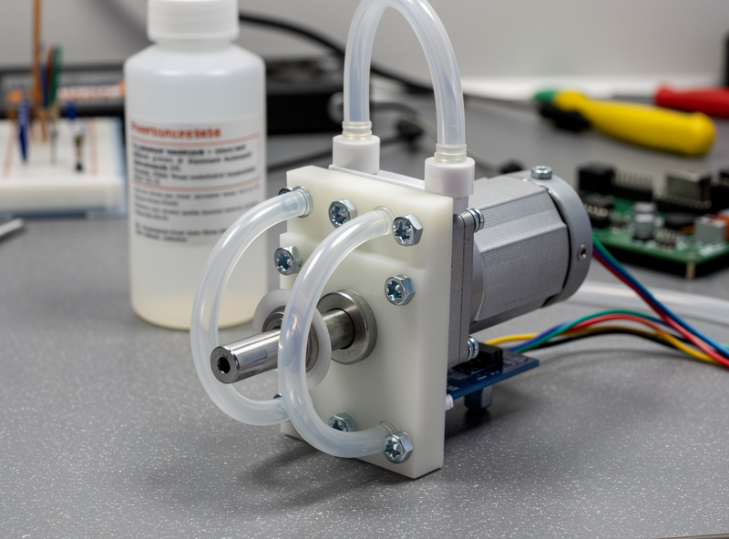 Peristaltic pump with silicone tubing connected to nutrient reservoir bottle, small DC motor visible, workshop bench setup with home automation wiring
