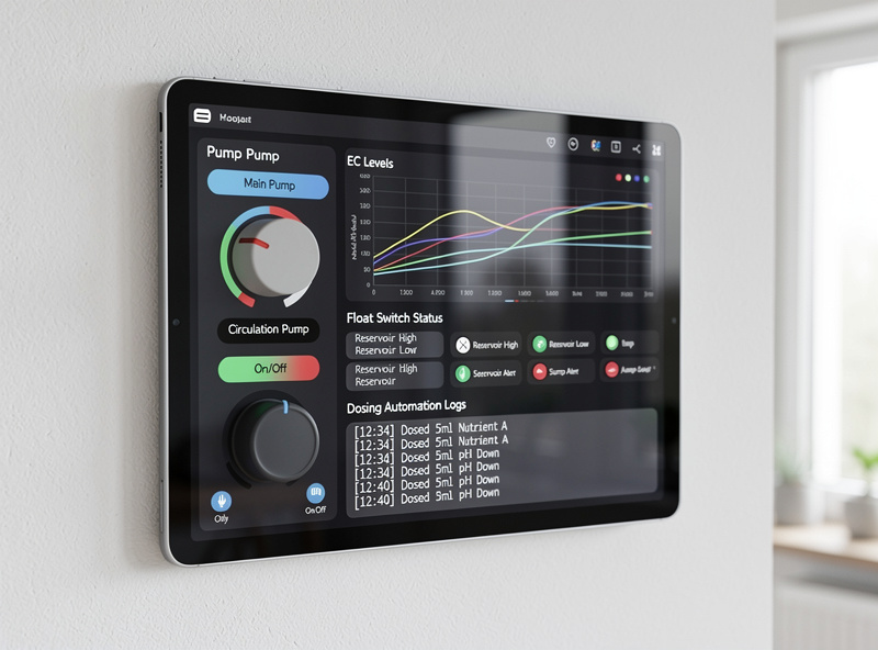 Home Assistant dashboard on a tablet showing pump status, reservoir EC trends, float switch sensors, and dosing automation logs, smart home monitoring setup