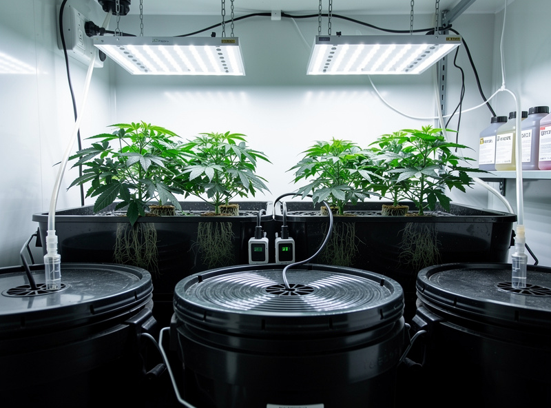 Hydroponic DWC reservoir with float switches installed, peristaltic pump tubing running from nutrient bottles, LED grow lights above, clean organized indoor growing setup