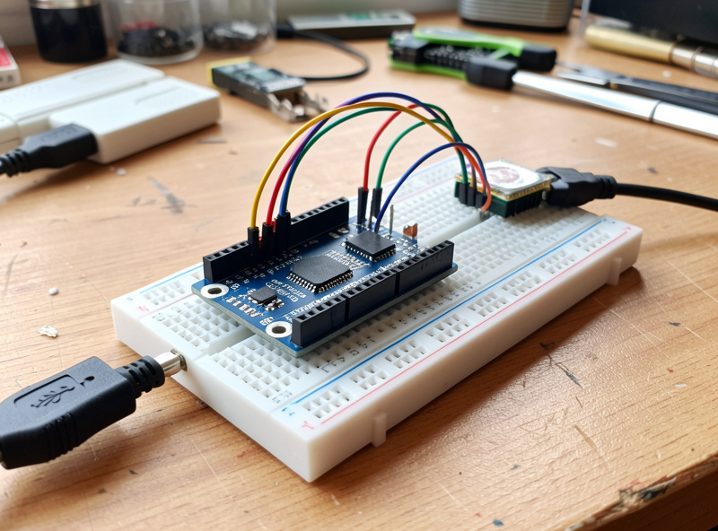 ESP32 board wired to a BME280 temperature and humidity sensor on a breadboard with jumper wires