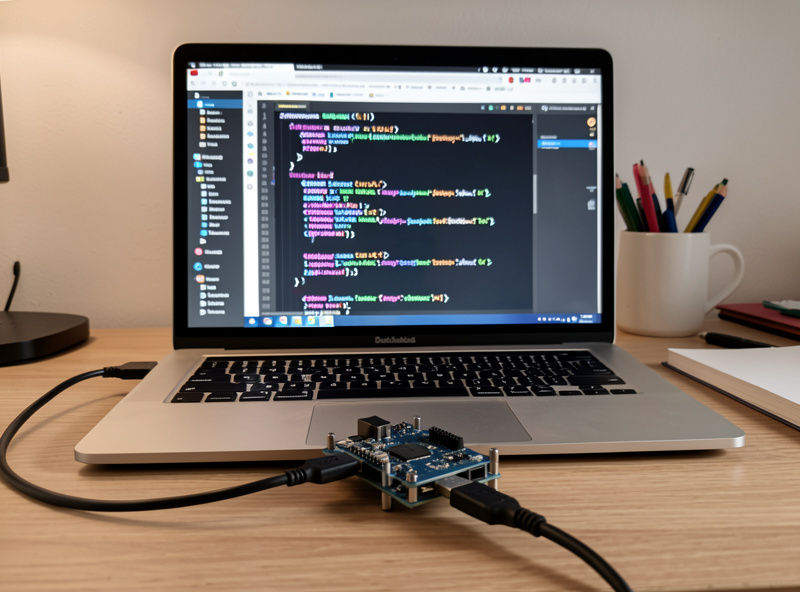 Laptop screen showing ESPHome YAML configuration code with an ESP32 connected via USB