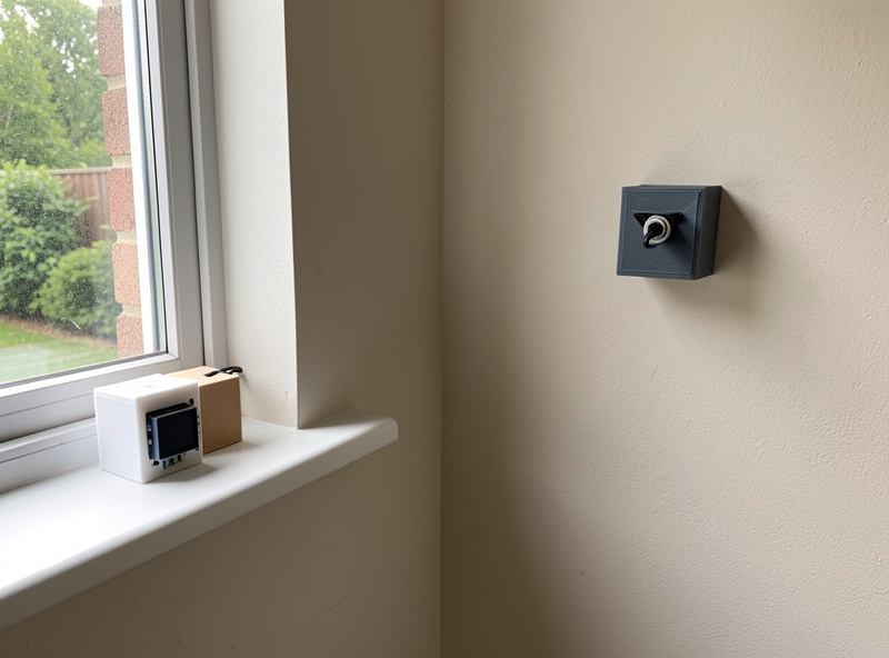 Several finished DIY ESP32 sensor nodes in small enclosures placed around a room