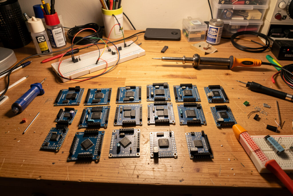 DIY ESP32 sensor board flashed with ESPHome on a workbench