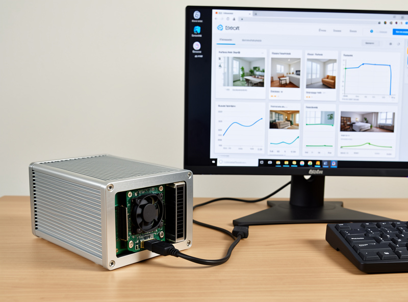 Raspberry Pi 5 booting from an external SSD next to a monitor showing a Home Assistant dashboard