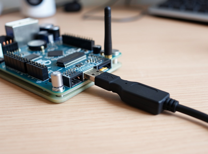 Zigbee USB coordinator stick on a short extension cable plugged into a Raspberry Pi to avoid USB 3 interference