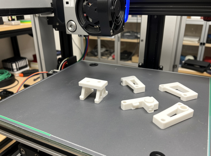 3D printer producing a white plastic sensor mount with finished printed brackets beside it