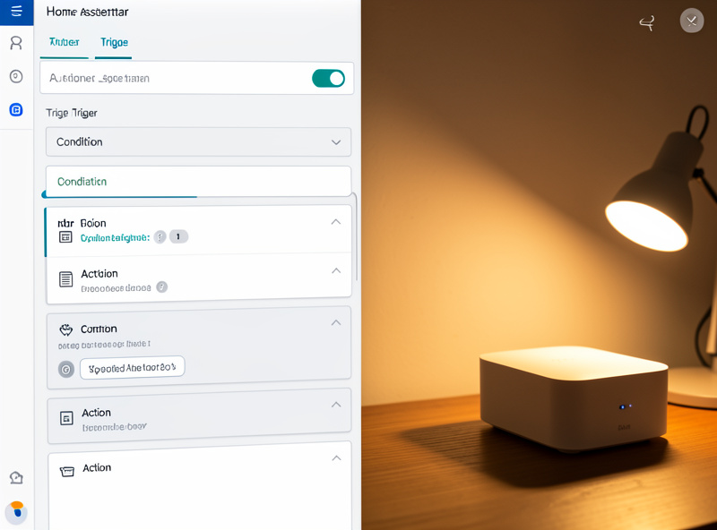 Home Assistant automations dashboard on a mini-PC showing trigger, condition, and action blocks