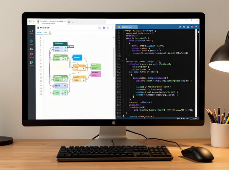A Node-RED flow editor beside a Home Assistant YAML automation on a monitor
