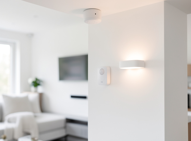 An mmWave presence sensor and a PIR motion sensor mounted side by side on a wall