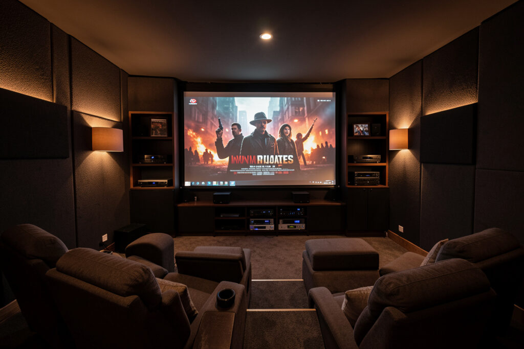 A dedicated home theater room with a projector screen and dimmed warm lighting