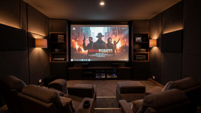 A dedicated home theater room with a projector screen and dimmed warm lighting