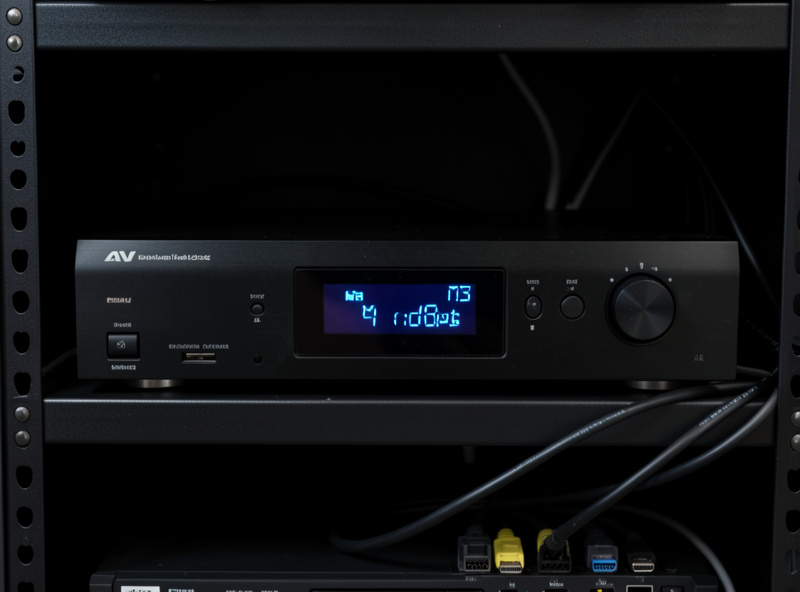 An AV receiver in a home theater rack with network and HDMI connections