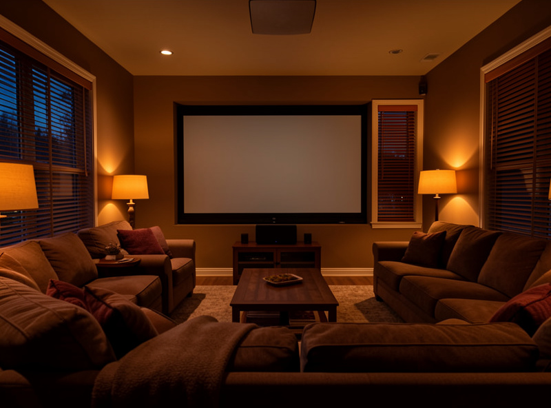 A dedicated home theater room with a projector screen, dimmed warm lighting, and an AV receiver