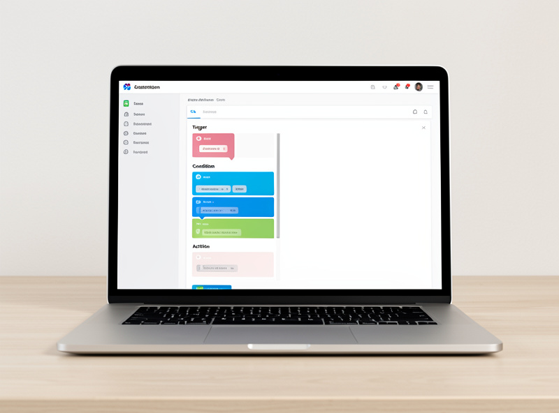 A smart home automation editor showing a trigger, conditions, and actions in a clean list