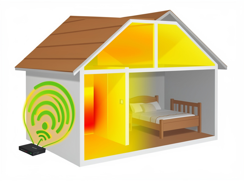 A WiFi signal strength visualization across rooms of a house showing a weak far-room zone