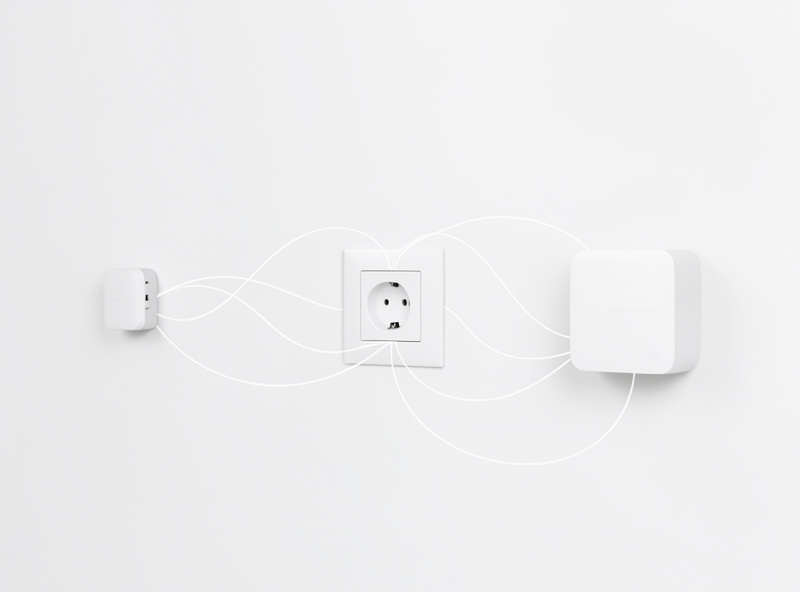 Diagram-style photo of smart home devices forming a mesh with a sensor relaying through a powered smart plug