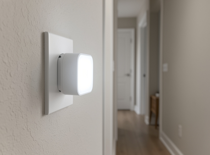 A smart plug installed in a hallway outlet acting as a Zigbee mesh repeater