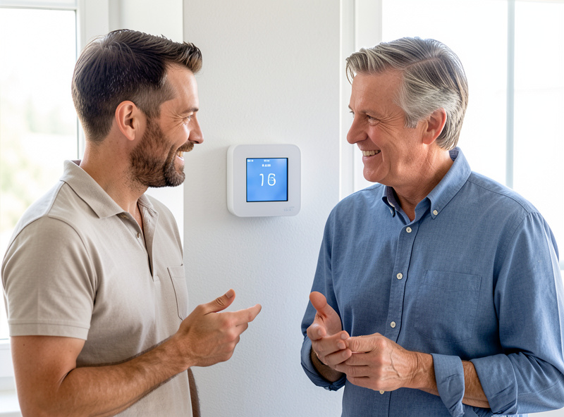 A tenant and landlord discussing a smart thermostat on an apartment wall