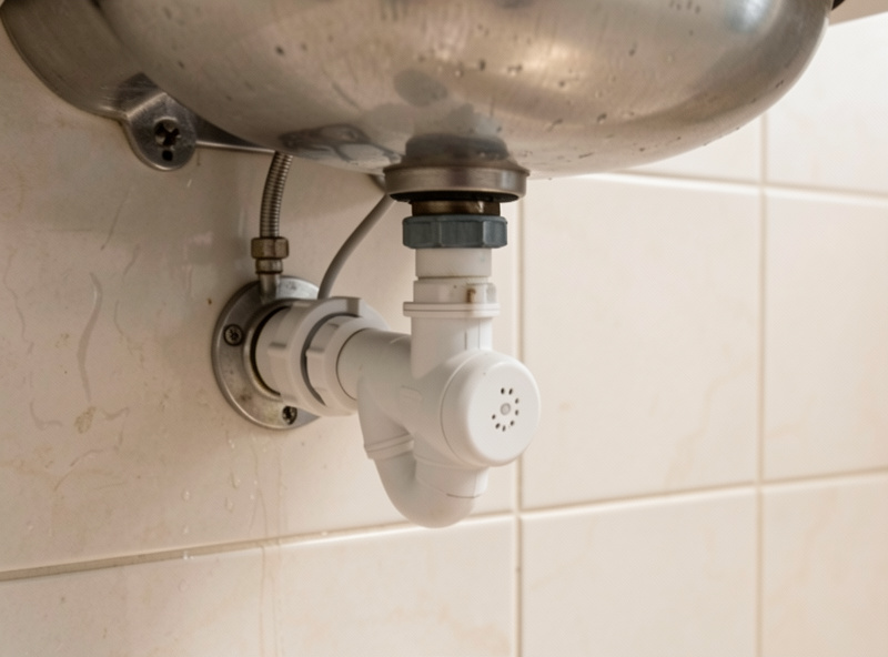A water leak detector with an automatic shutoff valve installed under an apartment sink