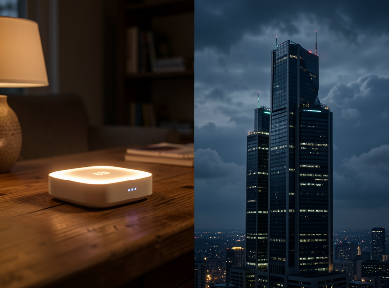 A local smart home hub running automations on a desk versus a distant cloud data center, showing the two control models