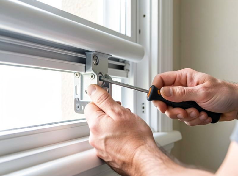 Worker mounting a motorized roller shade bracket inside a window frame
