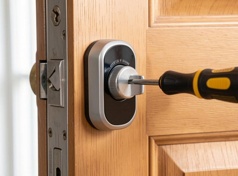 A retrofit smart lock mounting over the interior thumb-turn of an apartment deadbolt with a screwdriver