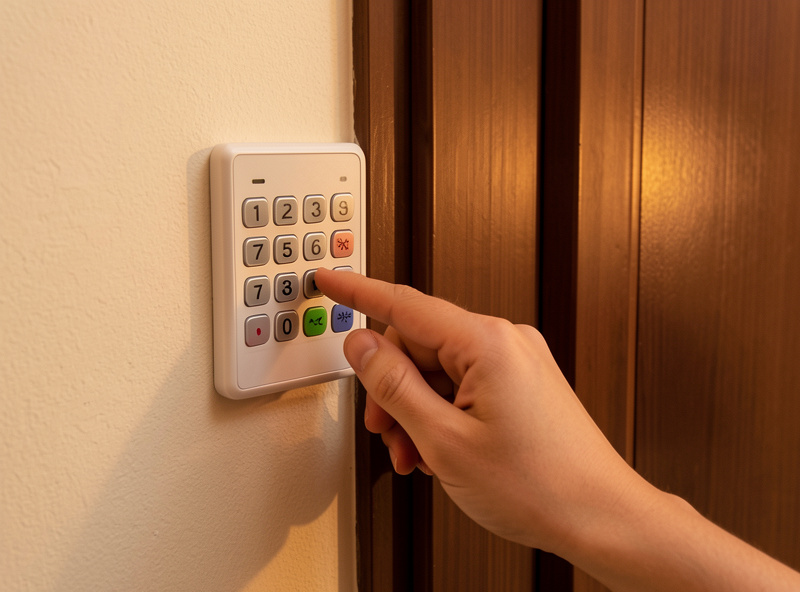 An adhesive smart keypad mounted beside an apartment door frame