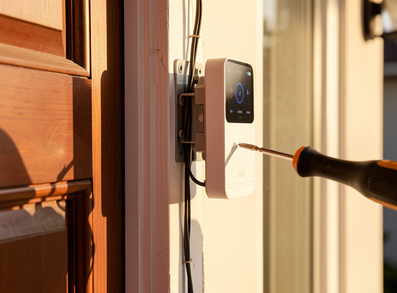 Person installing smart doorbell with wiring connections and mounting bracket