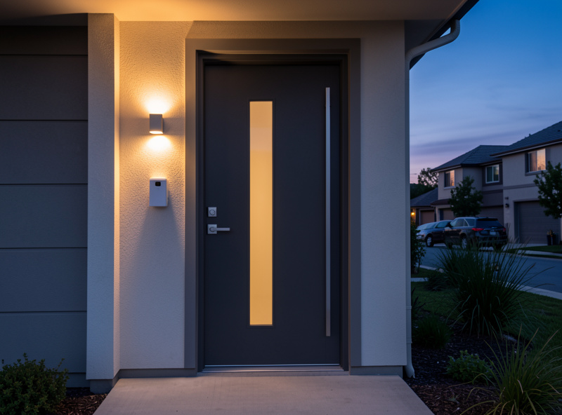 Smart video doorbell on modern front door at evening with warm porch lighting