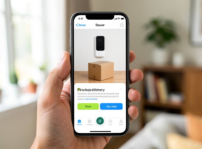 Smart doorbell app notification showing package delivery on smartphone