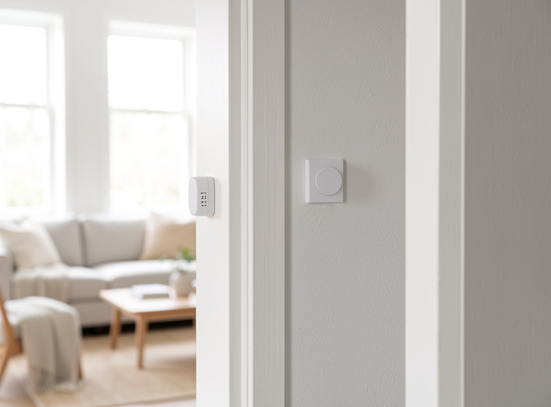 A Zigbee motion sensor and door contact sensor on a Scandinavian wall, the kind of entity that triggers a native Home Assistant automation