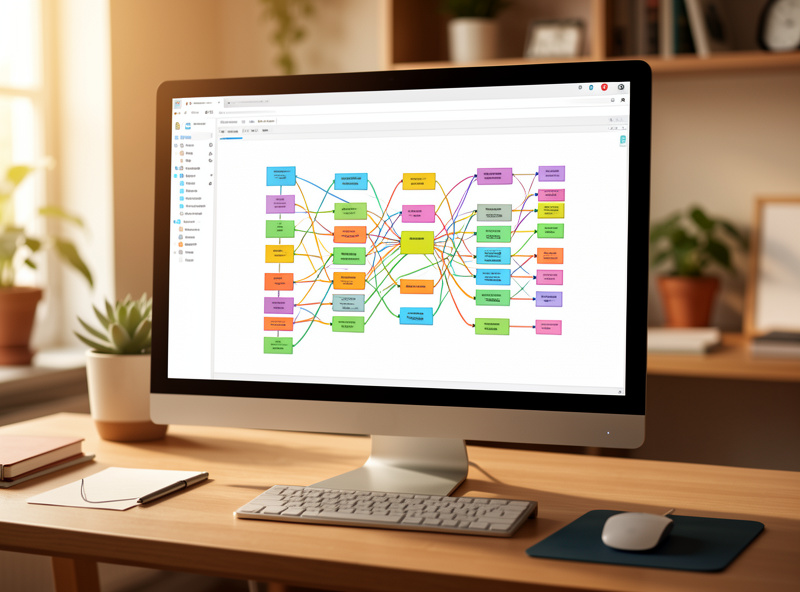A monitor showing a Node-RED visual flow canvas with connected nodes, the format that makes branching automation logic legible
