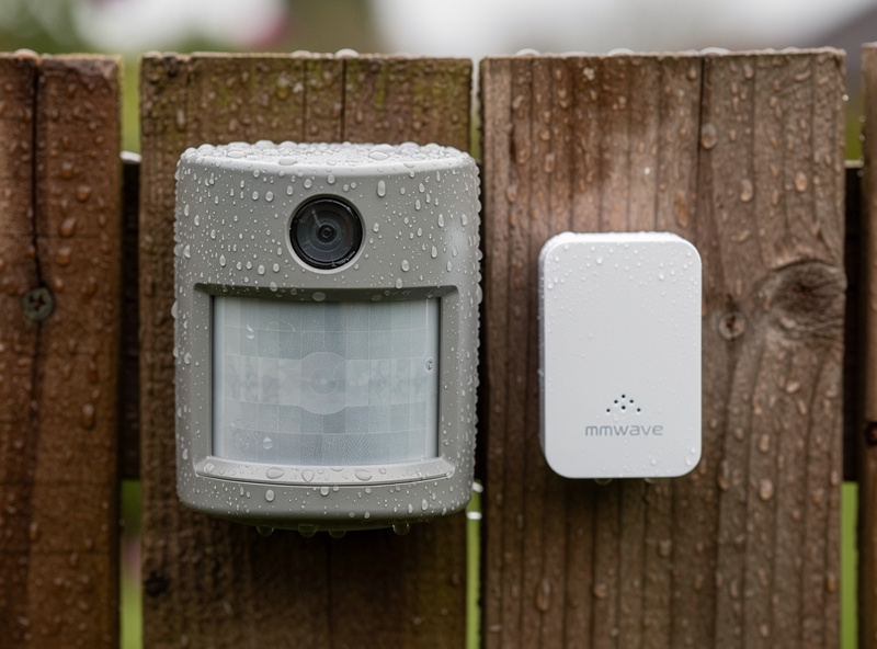 Weatherproof outdoor PIR sensor and a white mmWave presence sensor mounted on a fence with rain droplets