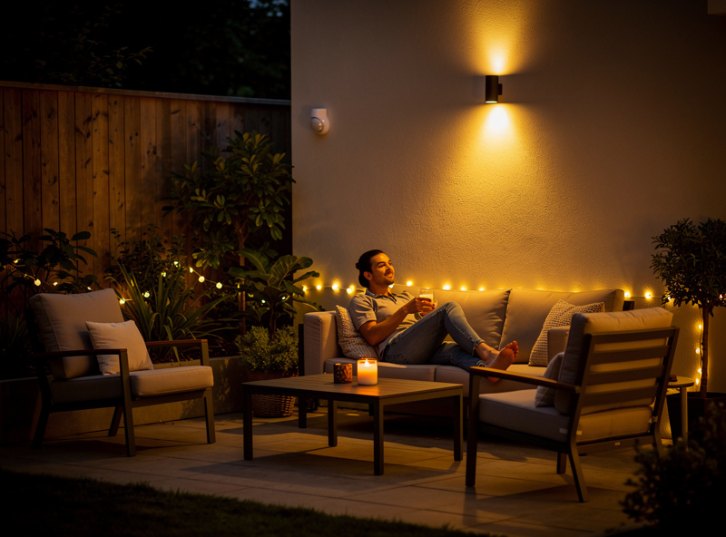 Backyard patio at night with seating-area lights held on by a presence sensor