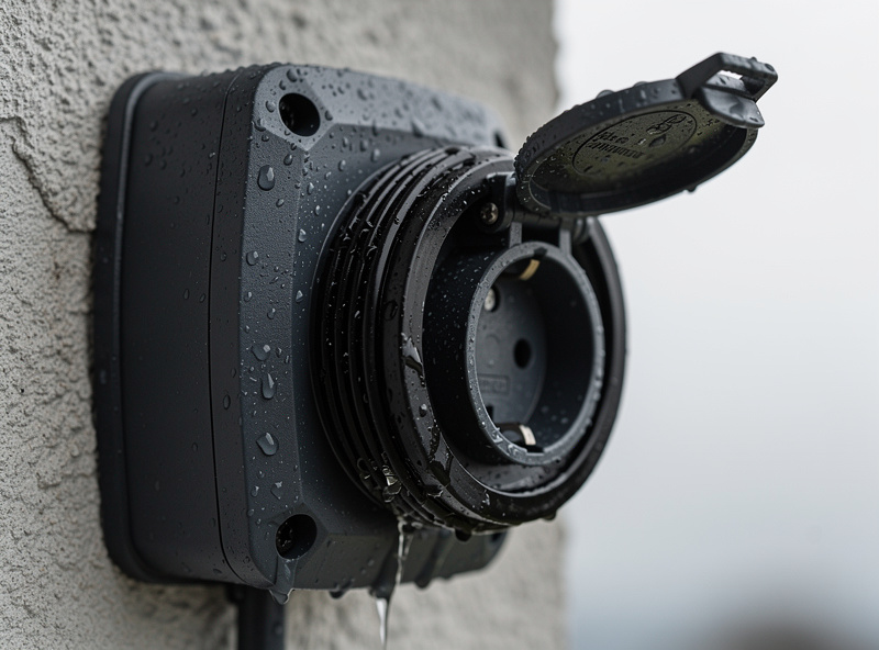 Macro view of an IP65 outdoor smart plug showing gasketed socket covers and water droplets