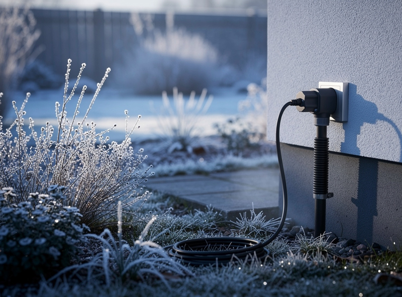 Smart plug feeding a pipe-heat cable in a frosty winter garden at dawn