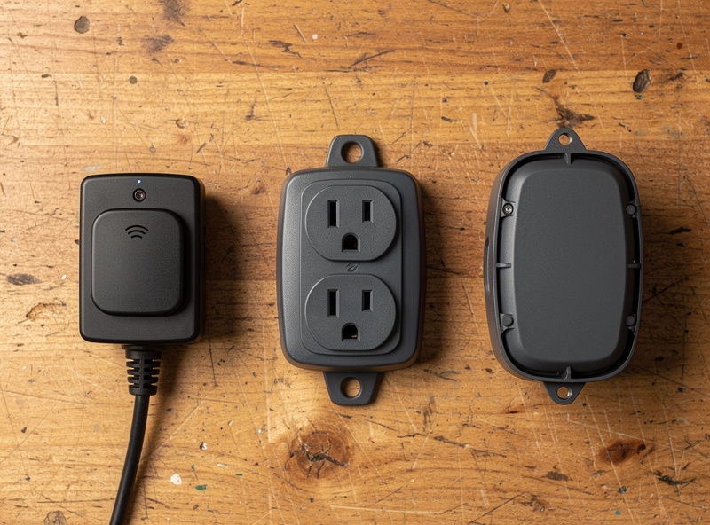 Three outdoor smart plugs compared on a workbench: Wi-Fi, Zigbee, and Z-Wave models