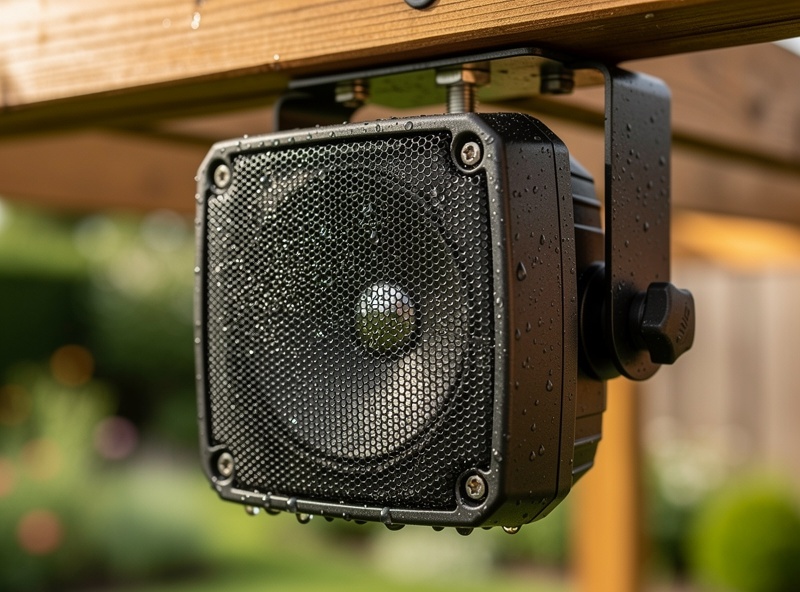 Rugged IP66 weatherproof outdoor speaker mounted under a pergola beam with water droplets on the grille