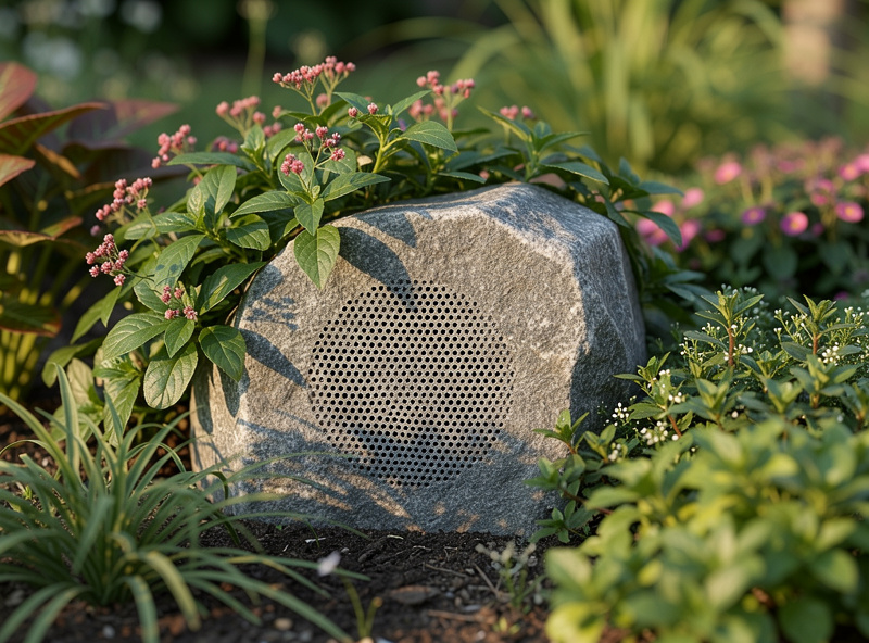 Rock-style landscape speaker blending into garden foliage
