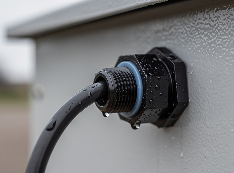 Waterproof cable gland sealing a cable entry on an outdoor enclosure with a drip loop