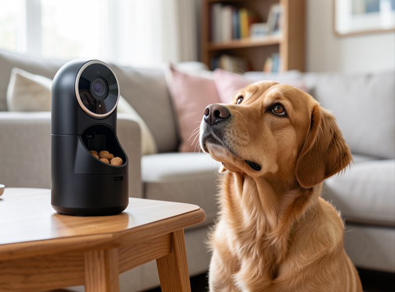 Pet camera with built-in treat dispenser on a side table, a dog looking up at it in a living room