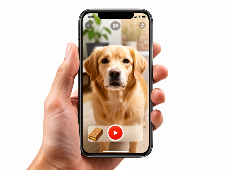Phone screen showing a pet camera live view with a treat-toss button, the dog visible in the frame
