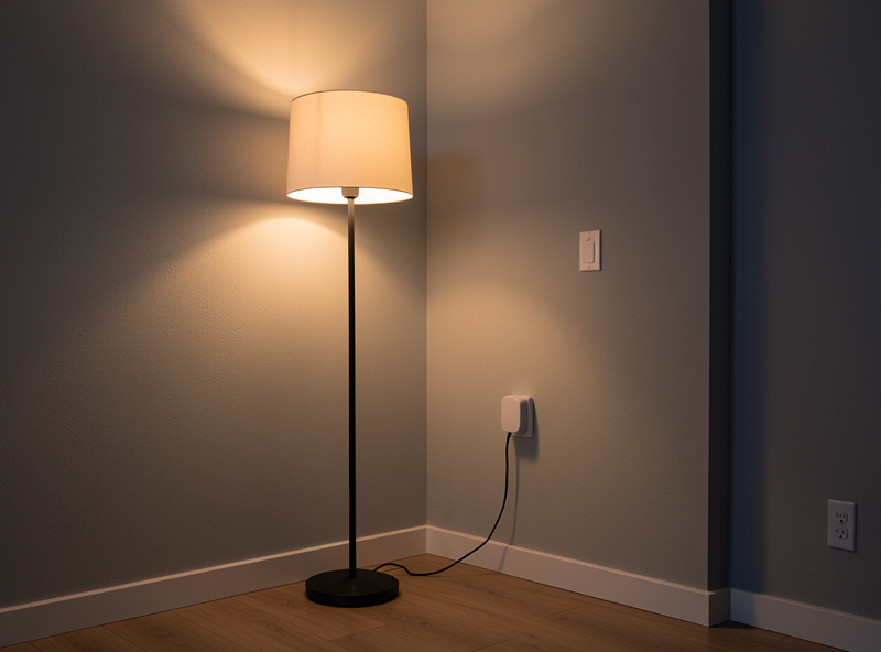 A smart plug powering a lamp with a nearby motion sensor turning the light on at dusk