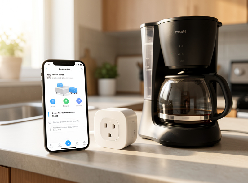 A phone showing a simple morning automation routine beside a smart plug and coffee maker