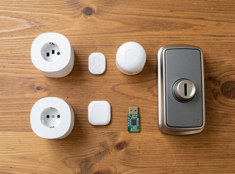 A flat-lay of renter-friendly smart devices: plugs, sensors, a retrofit lock and a Zigbee coordinator