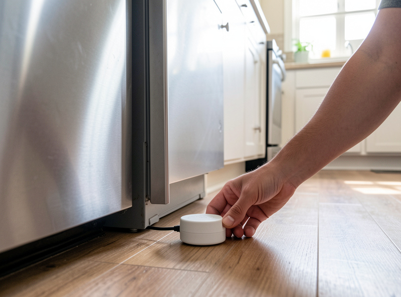 A leak sensor placed on the floor next to a dishwasher in a rented kitchen